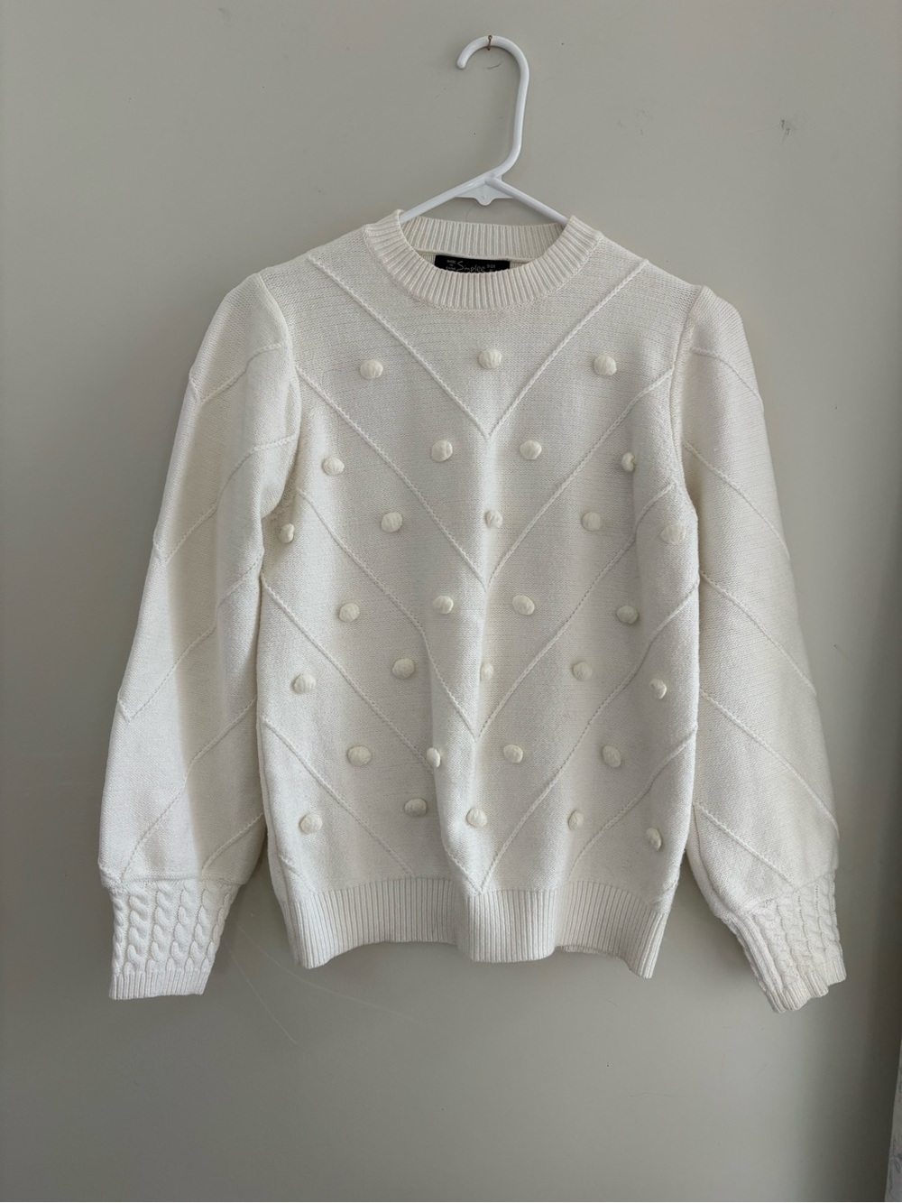 Simple Cream Pom-Pom Chevron Crewneck Sweater